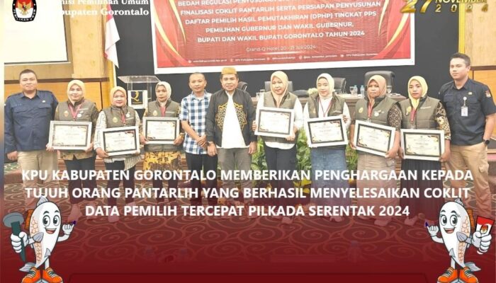 KPU Kabupaten Gorontalo Berikan Penghargaan kepada Tujuh Pantarlih Berprestasi